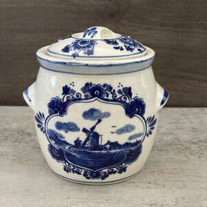 Vintage Delftware Marne's Mustard Covered Condiment Jar Blue White Holland 4"